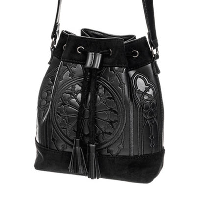 Bolso bandolera en forma de saco con cierre de cordón con borlas en la parte superior. Bordado inspirado en los rosetones de las catedrales. Tejido sintético estilo ante y piel. Modelo Sanctum Bucket de Restyle en color negro vista ángulo