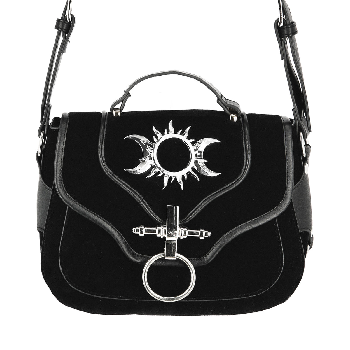  Restyle Triple Goddess black crossbody bag with metal details - front view