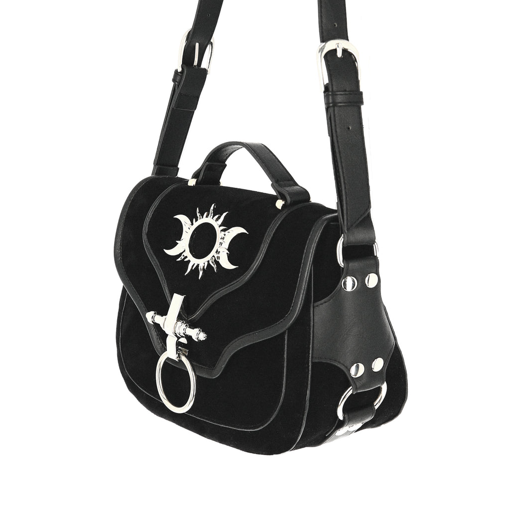  Restyle Triple Goddess black crossbody bag with metal details - front angle view