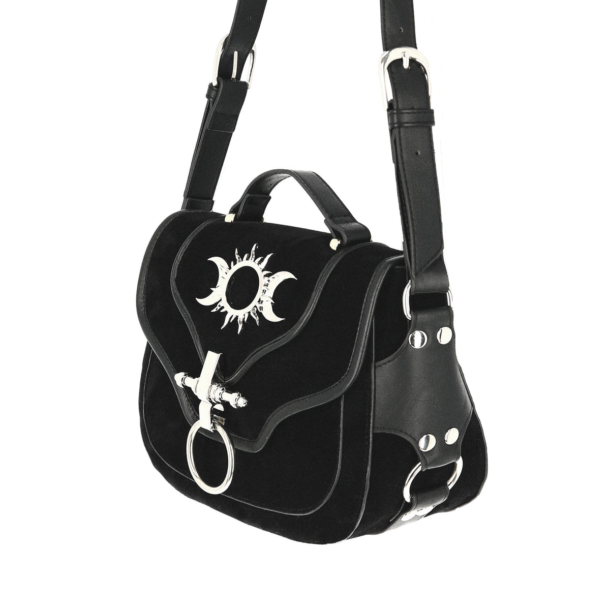  Restyle Triple Goddess black crossbody bag with metal details - front angle view