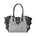 Bolso shopper grande con estampado de rayas verticales en el frontal, adornos en forma de alas de murciélago en los laterales y detalle metálico en el cierre central vista frontal