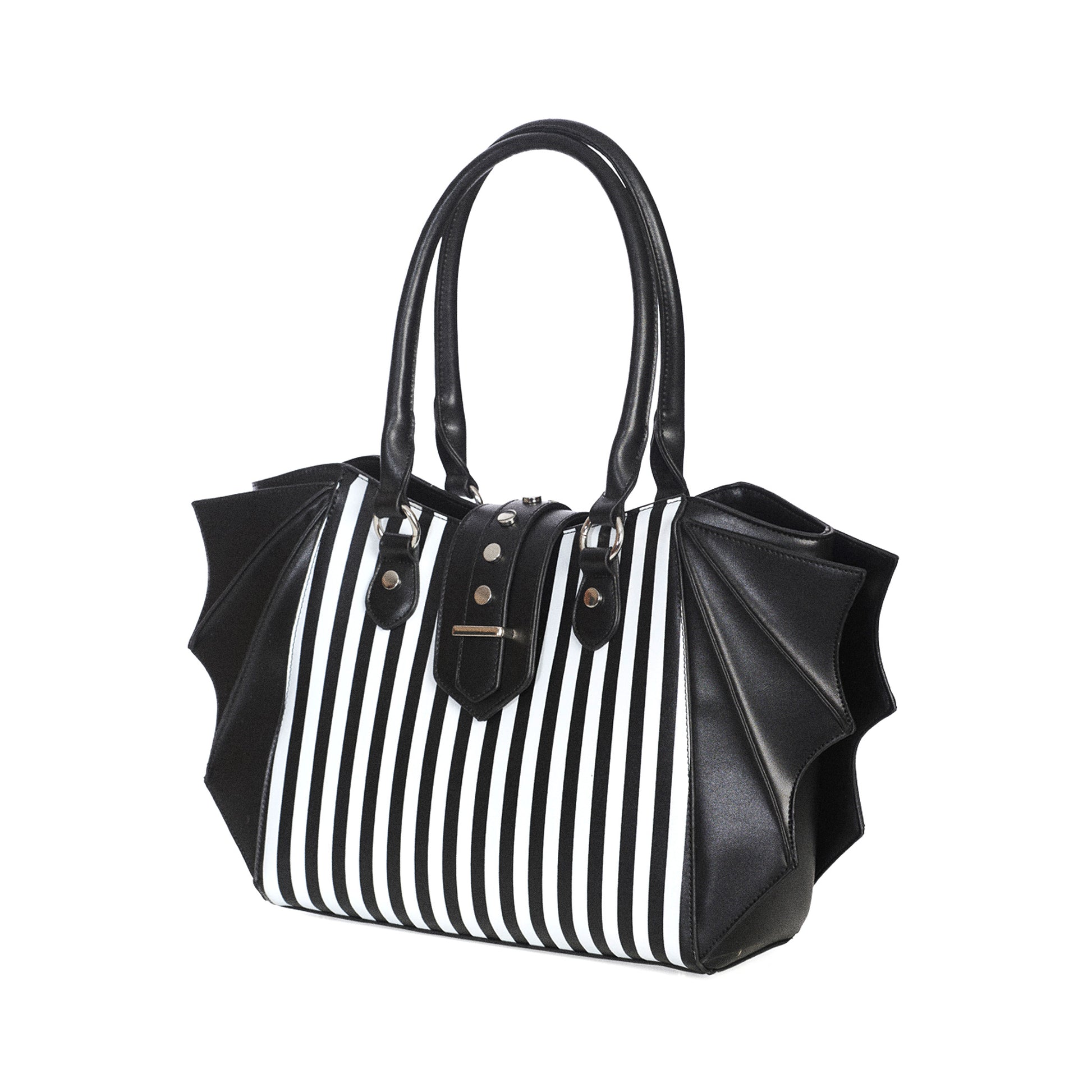 Bolso shopper grande con estampado de rayas verticales en el frontal, adornos en forma de alas de murciélago en los laterales y detalle metálico en el cierre central vista ángulo