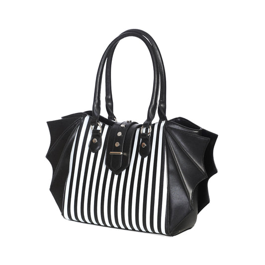 Bolso shopper grande con estampado de rayas verticales en el frontal, adornos en forma de alas de murciélago en los laterales y detalle metálico en el cierre central vista ángulo