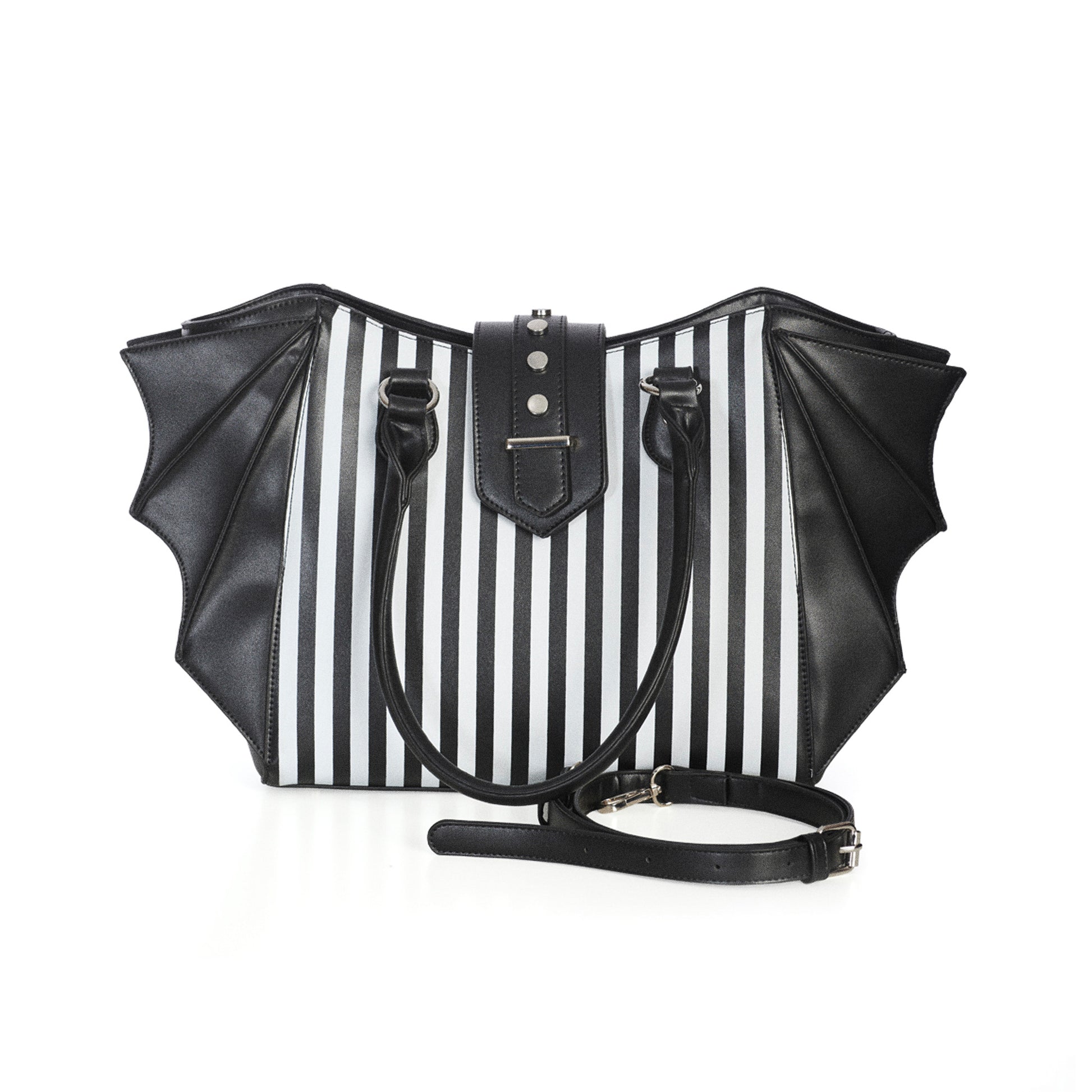 Bolso shopper grande con estampado de rayas verticales en el frontal, adornos en forma de alas de murciélago en los laterales y detalle metálico en el cierre central vista con correa 