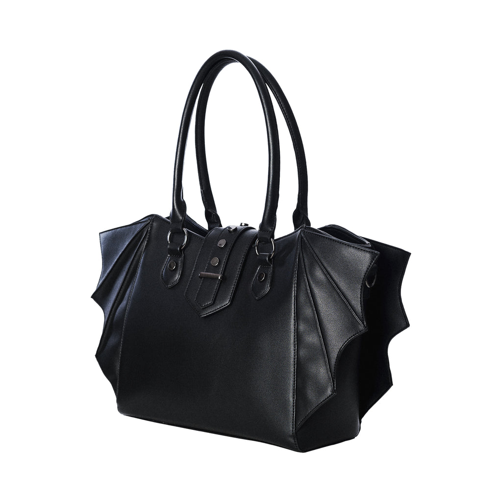  Banned Alternative Annabelle large black shoulder bag with bat details - angle view