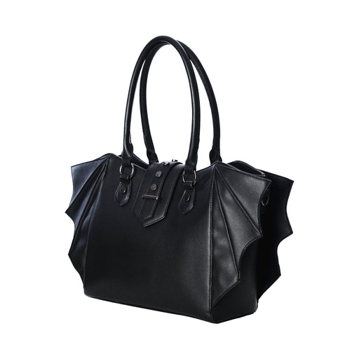  Banned Alternative Annabelle large black shoulder bag with bat details - angle view