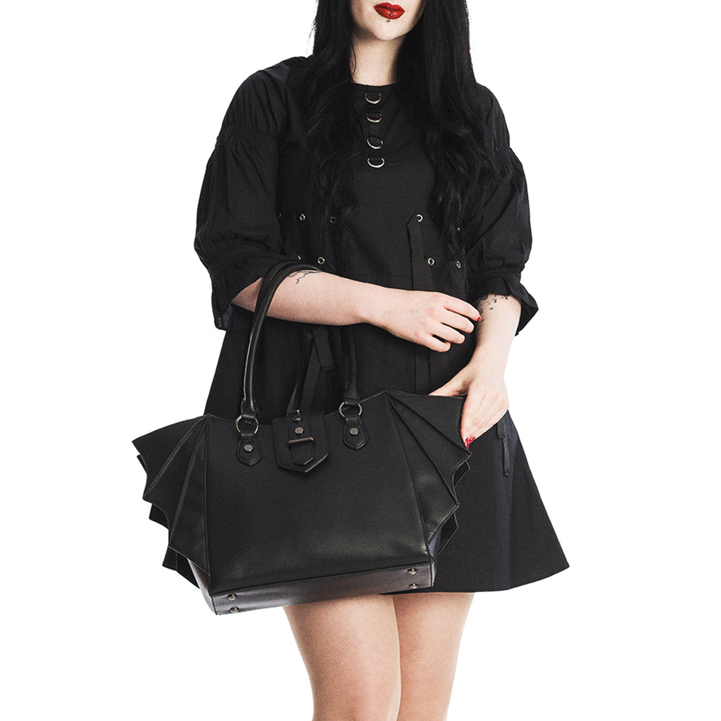  Banned Alternative Annabelle large black shoulder bag with bat details - model view