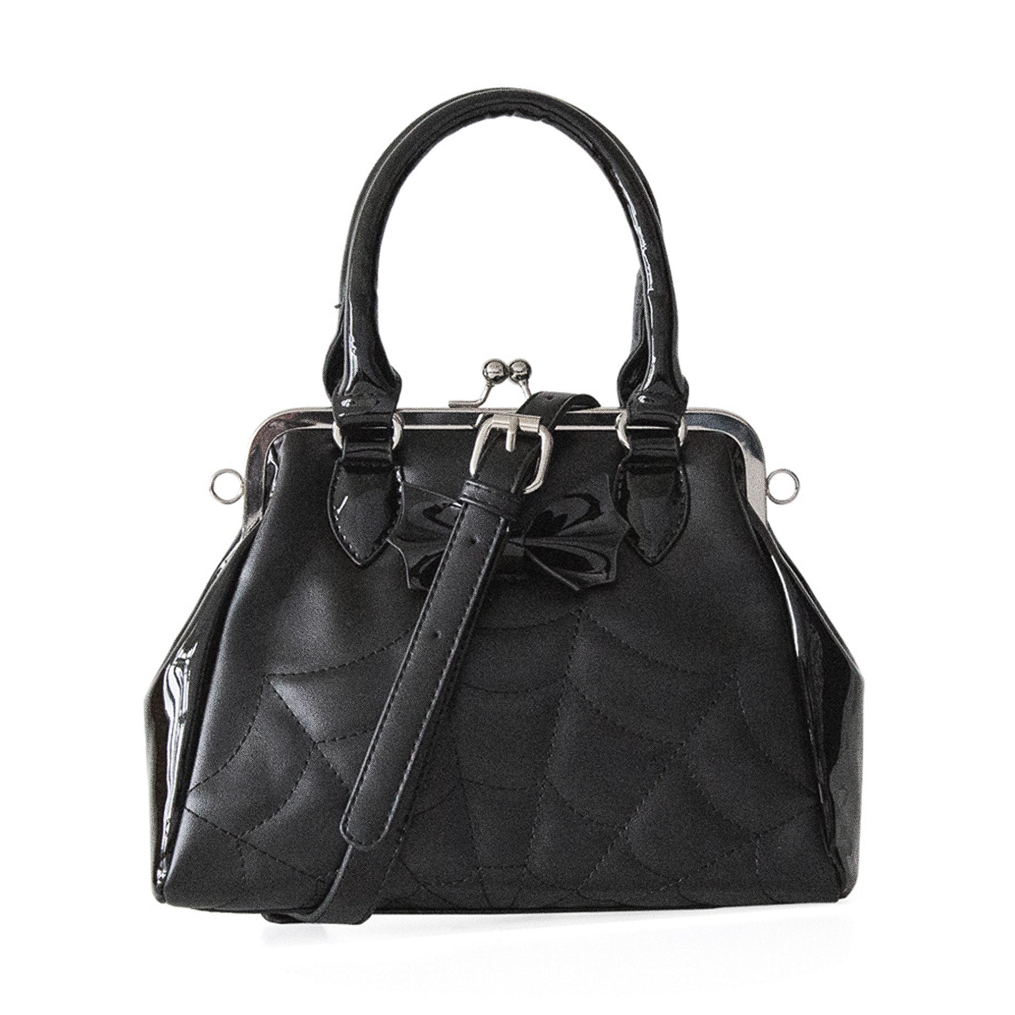  Banned Alternative Femme Fatale black handbag - front strap detail