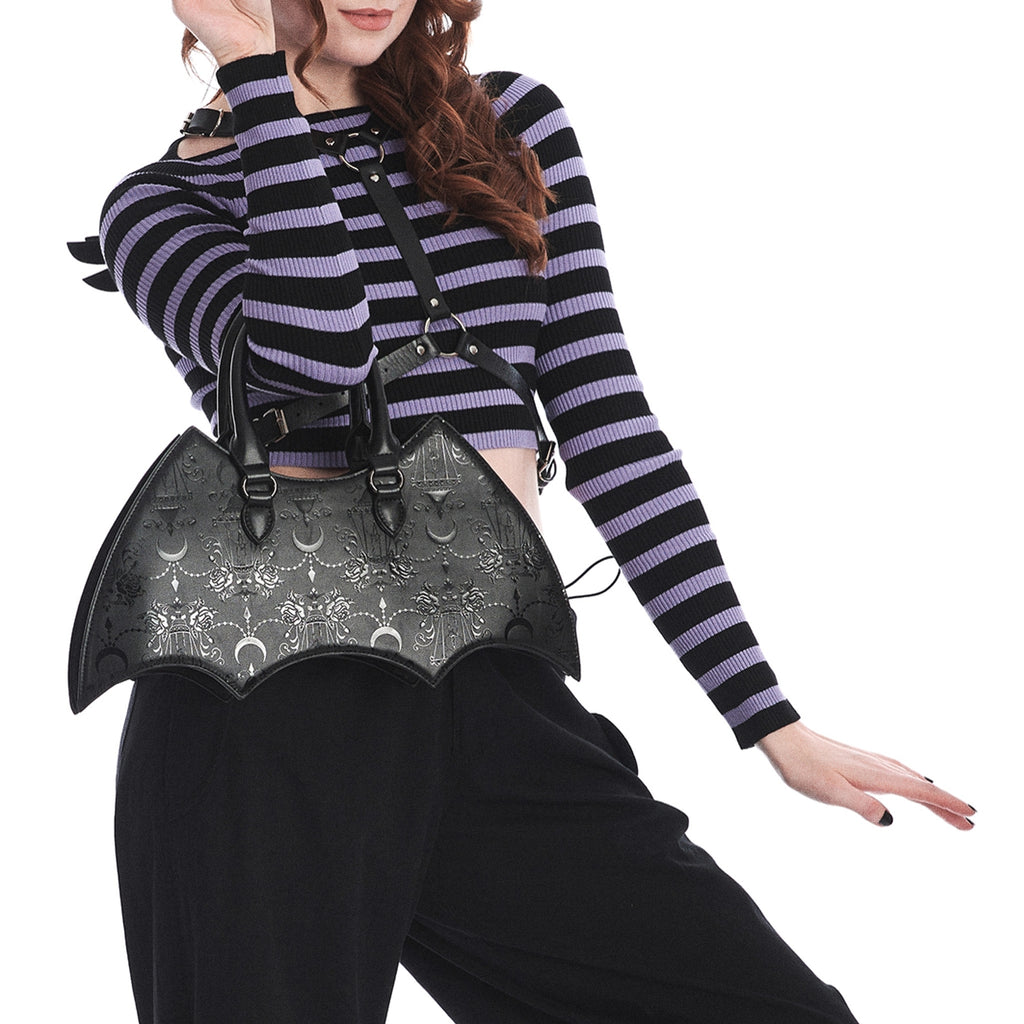 Banned Alternative Obscure Chandelier bat-shaped handbag/crossbody - close-up model view