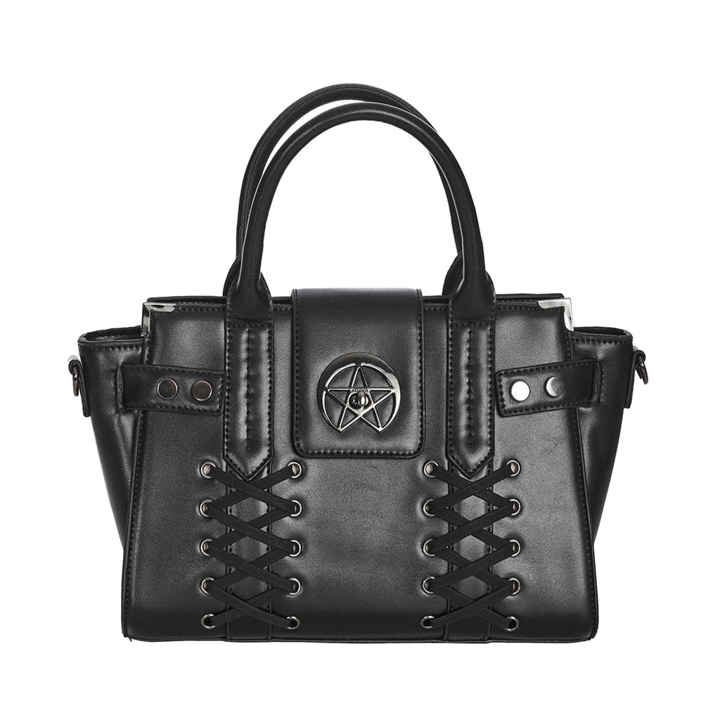 Bolso de diseño rígido con detalle metálico en forma de estrella y cordones en forma de corset en la parte frontal. Bolso de mano o bandolera Black Through The Darkness de Banned Alternative vista frontal