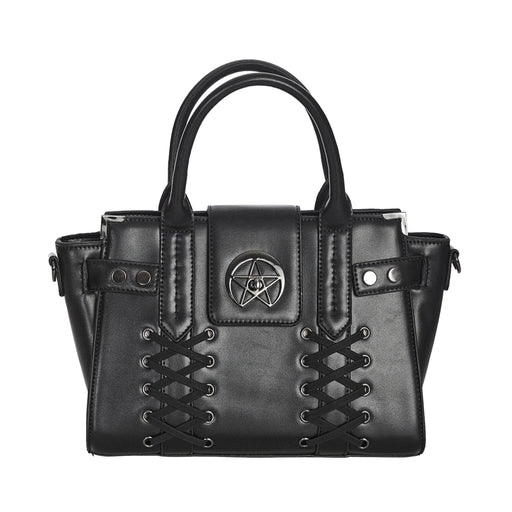 Bolso de diseño rígido con detalle metálico en forma de estrella y cordones en forma de corset en la parte frontal. Bolso de mano o bandolera Black Through The Darkness de Banned Alternative vista frontal