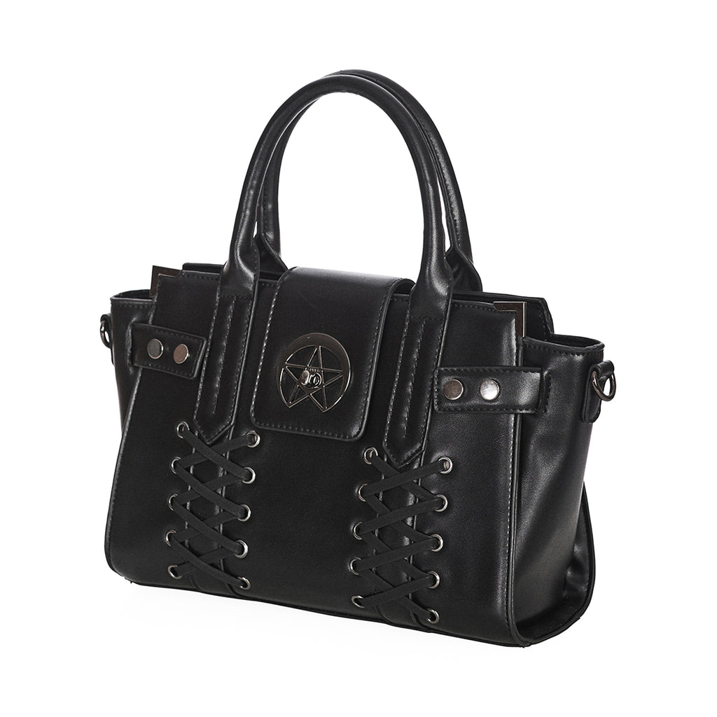 Bolso de diseño rígido con detalle metálico en forma de estrella y cordones en forma de corset en la parte frontal. Bolso de mano o bandolera Black Through The Darkness de Banned Alternative vista ángulo