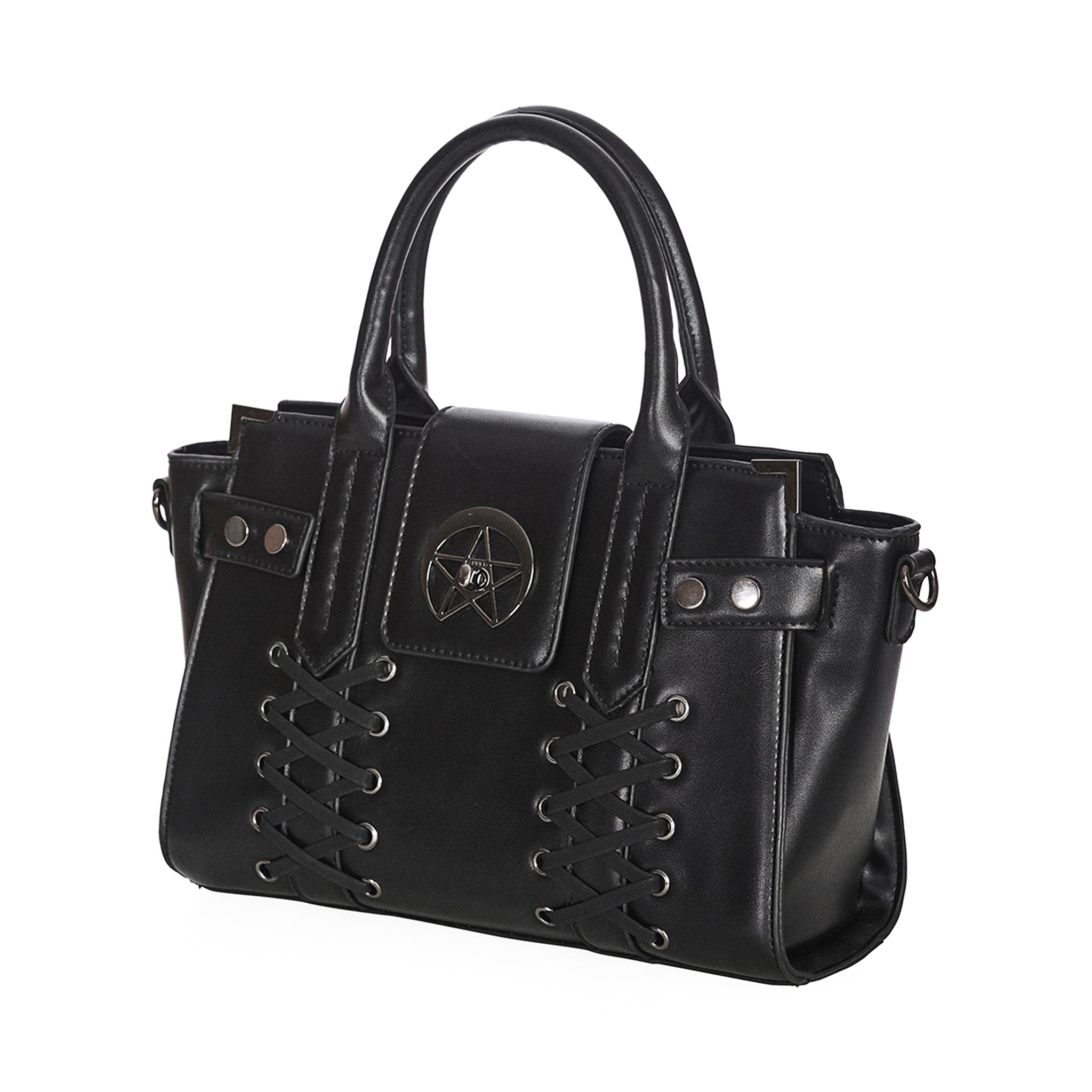 Bolso de diseño rígido con detalle metálico en forma de estrella y cordones en forma de corset en la parte frontal. Bolso de mano o bandolera Black Through The Darkness de Banned Alternative vista ángulo