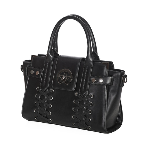 Bolso de diseño rígido con detalle metálico en forma de estrella y cordones en forma de corset en la parte frontal. Bolso de mano o bandolera Black Through The Darkness de Banned Alternative vista ángulo