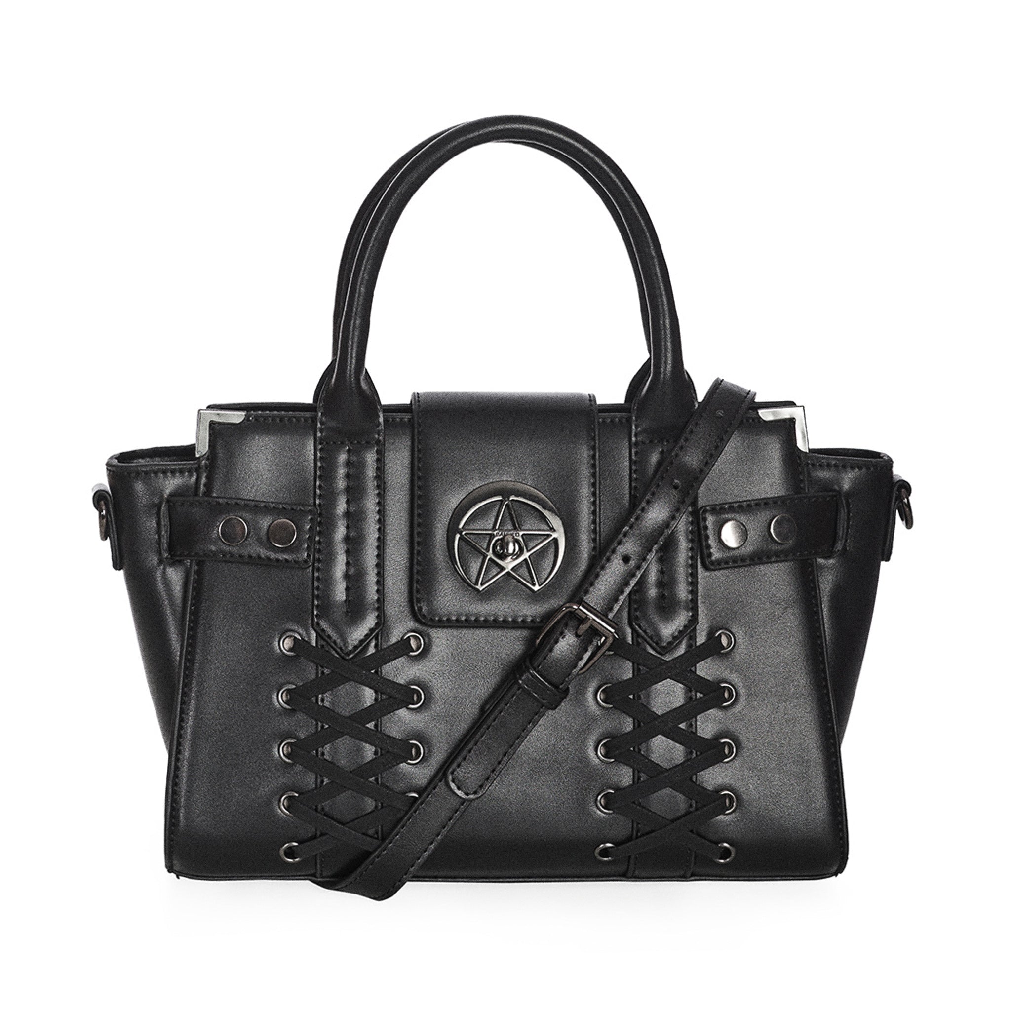 Bolso de diseño rígido con detalle metálico en forma de estrella y cordones en forma de corset en la parte frontal. Bolso de mano o bandolera Black Through The Darkness de Banned Alternative vista frontal con correa