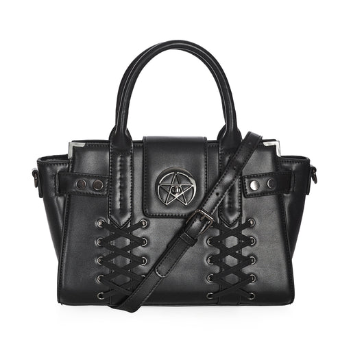 Bolso de diseño rígido con detalle metálico en forma de estrella y cordones en forma de corset en la parte frontal. Bolso de mano o bandolera Black Through The Darkness de Banned Alternative vista frontal con correa