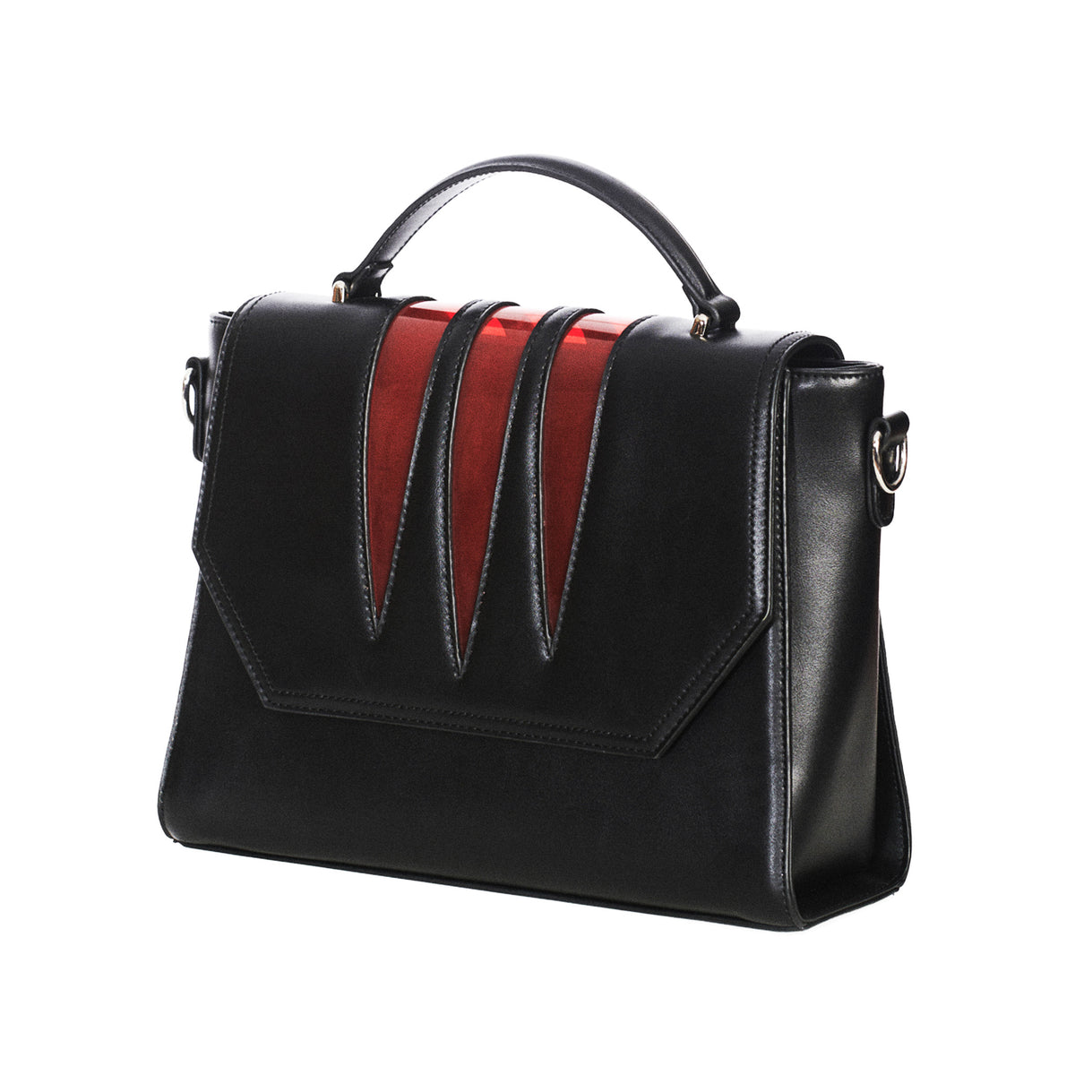  Banned Alternative Wolfcat black rigid handbag with red scratches - angle view