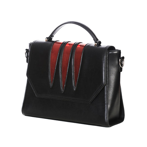  Banned Alternative Wolfcat black rigid handbag with red scratches - angle view