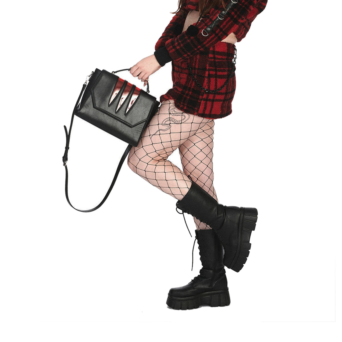  Banned Alternative Wolfcat black rigid handbag with red scratches - model view