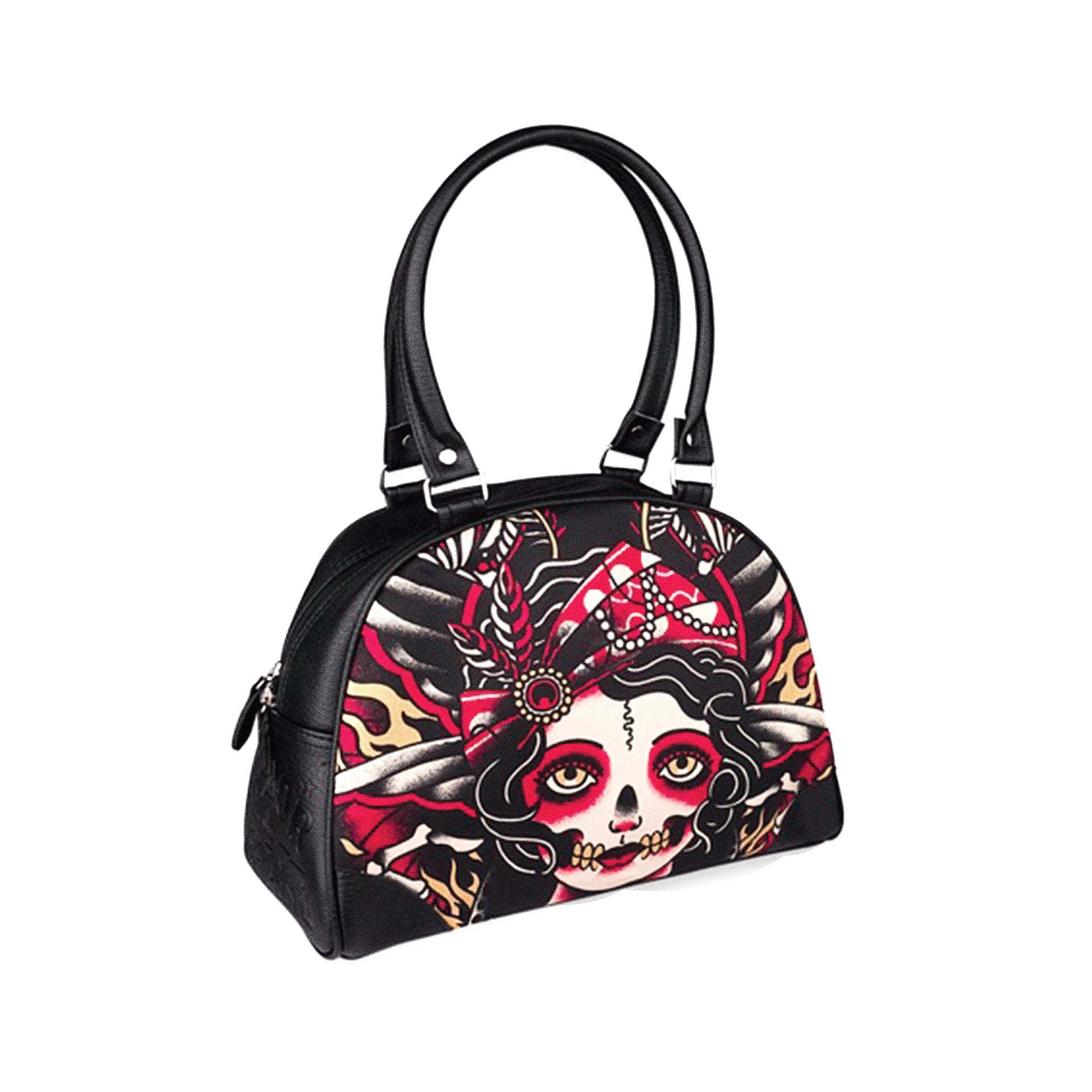 Bolso de mano y de hombro con estampado Gypsy de LiquorBrand en color negro vista frontal