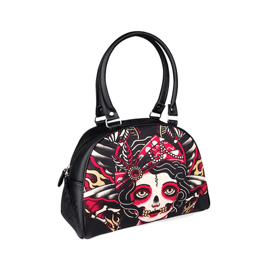 Bolso de mano y de hombro con estampado Gypsy de LiquorBrand en color negro vista frontal