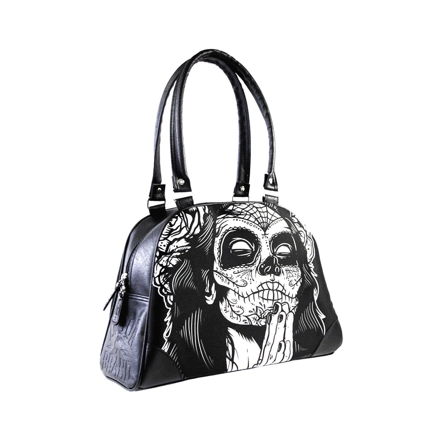 Bolso de mano o de hombro estampado de catrina en color blanco y negro de LiquorBrand vista frontal