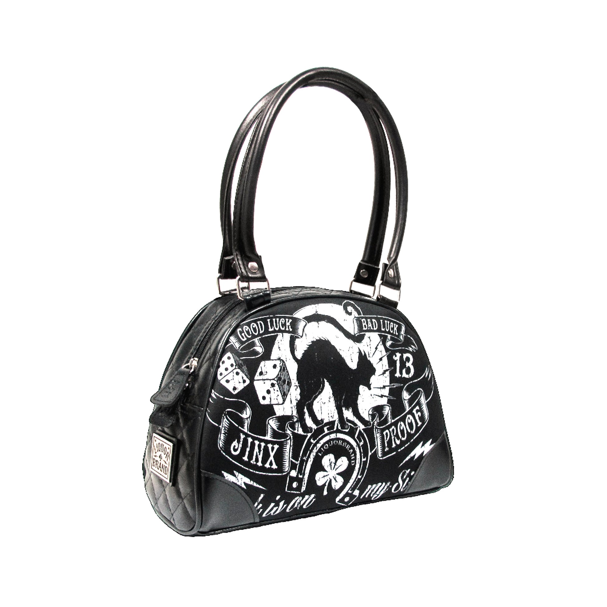 Bolso de mano o de hombro con estampado de gato de LiquorBrand en color negro vista frontal