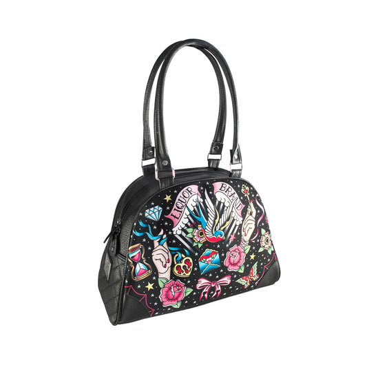 Bolso de mano o de hombro con estampado de tattoo Liquorbrand en colores vista frontal