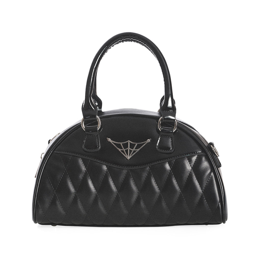  Banned Alternative black quilted handbag with spiderweb detail - front view