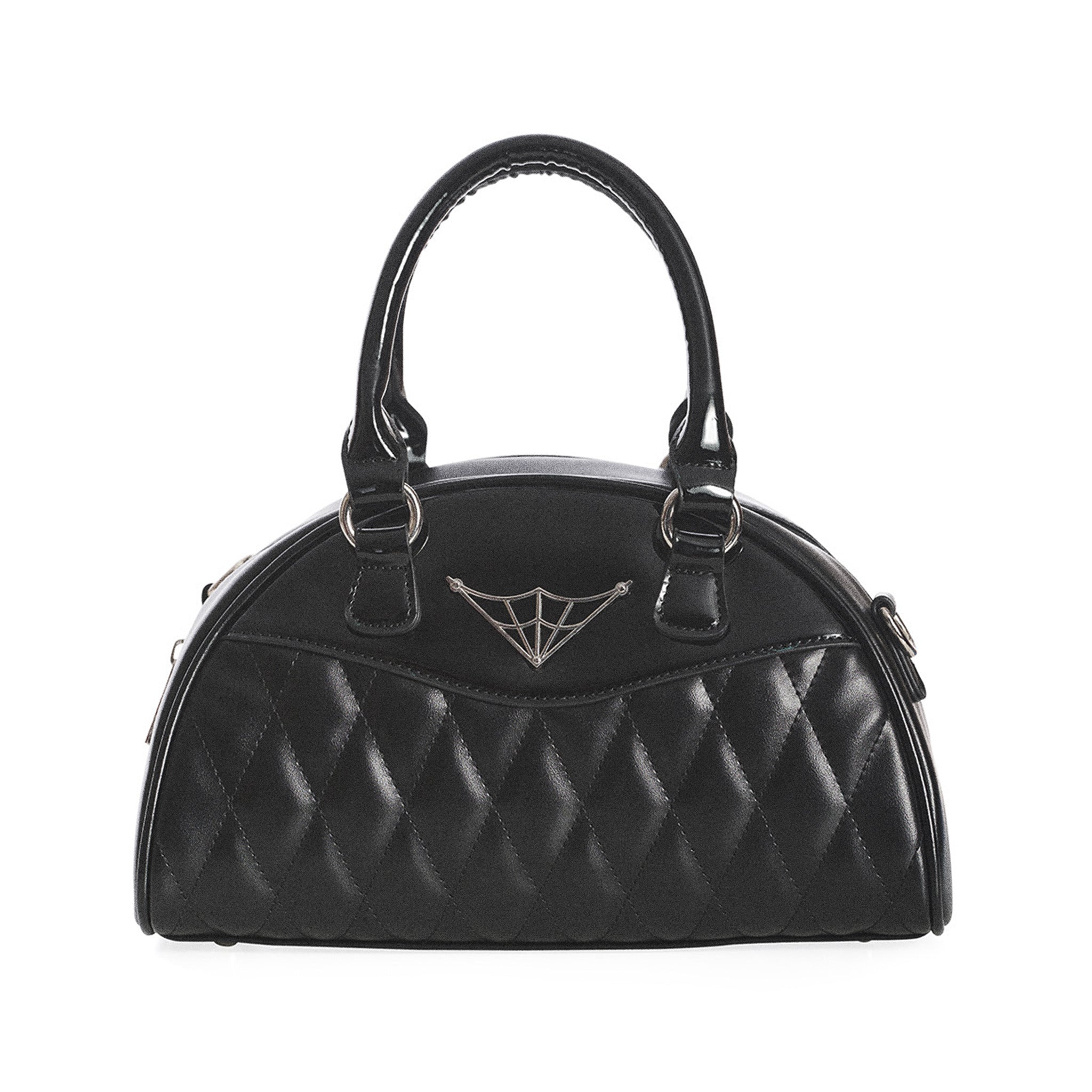  Banned Alternative black quilted handbag with spiderweb detail - front view