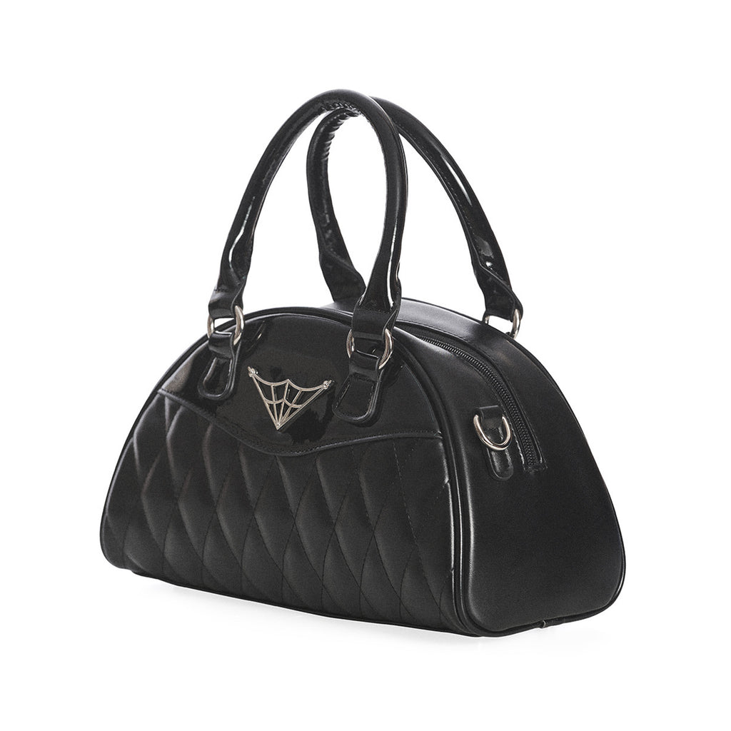  Banned Alternative black quilted handbag with spiderweb detail - front angle view