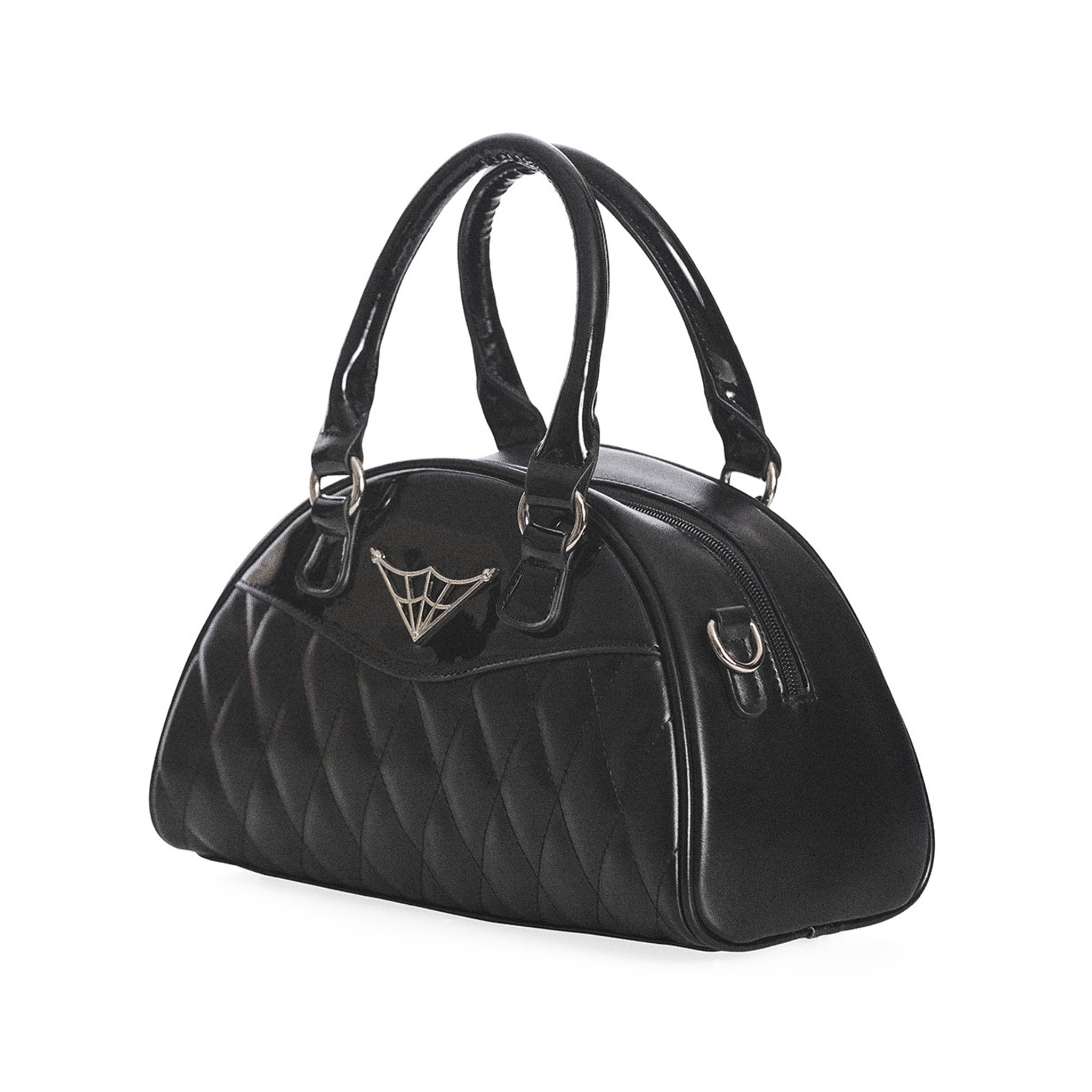  Banned Alternative black quilted handbag with spiderweb detail - front angle view