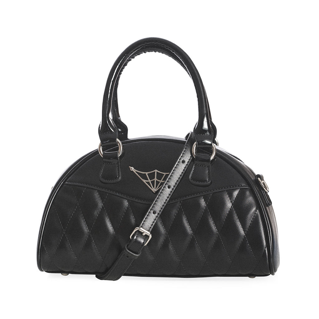  Banned Alternative black quilted handbag with spiderweb detail - front with strap