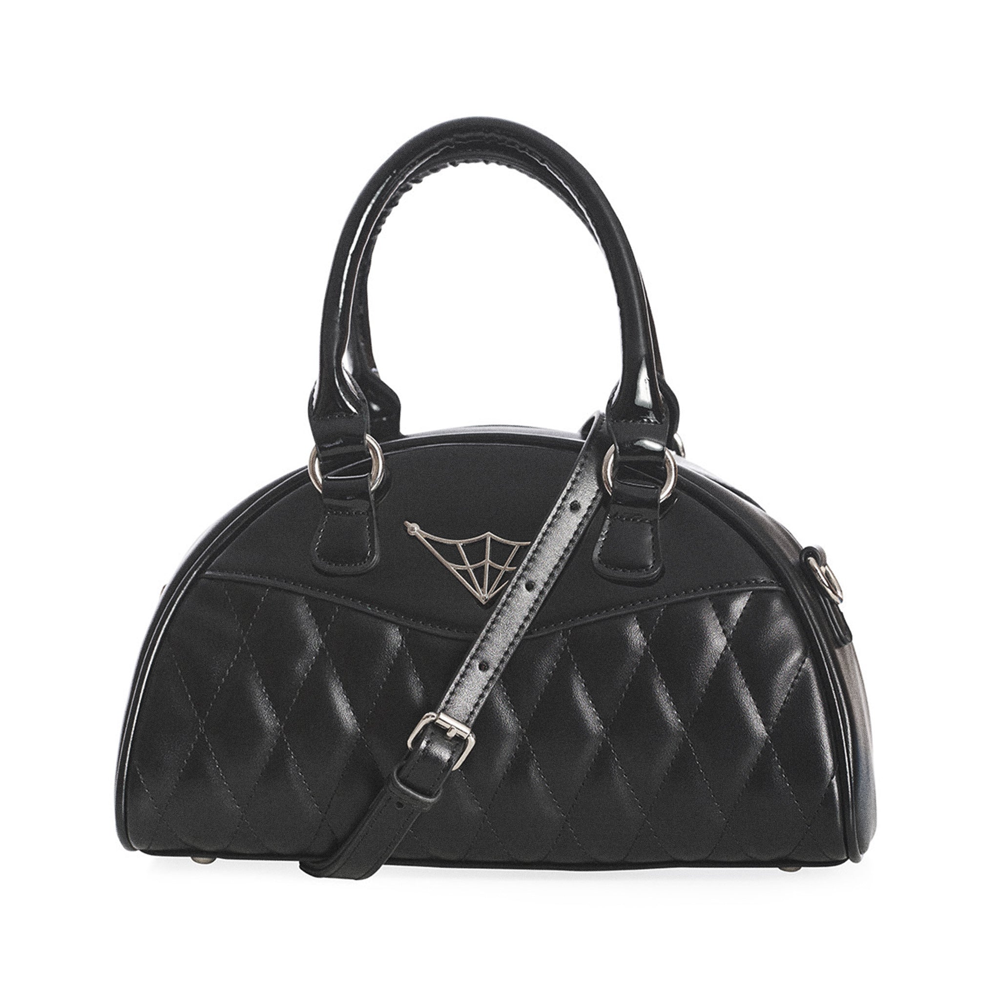  Banned Alternative black quilted handbag with spiderweb detail - front with strap