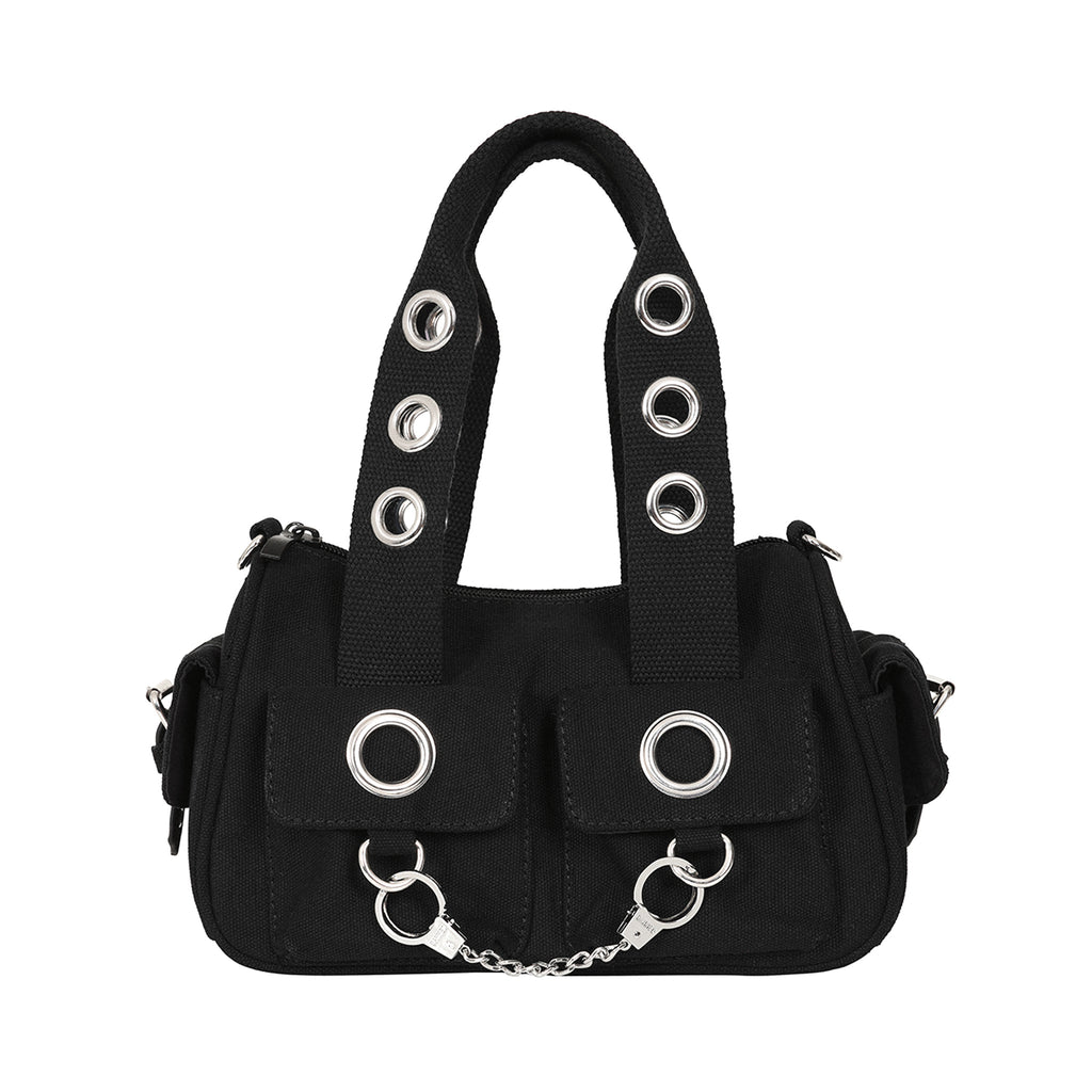  Cotton handbag/crossbody with metal eyelets and decorative handcuffs - front view