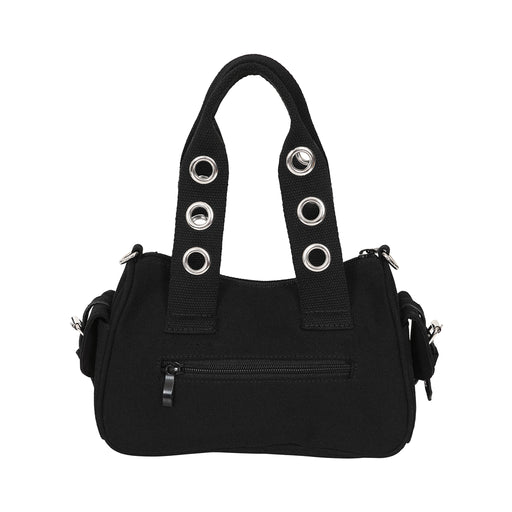 Bolso de mano o bandolera con ojales metálicos en los bolsillos y en las asas. Fabricado en tela de algodón y con esposas de decoración en la parte frontal. Vista posterior