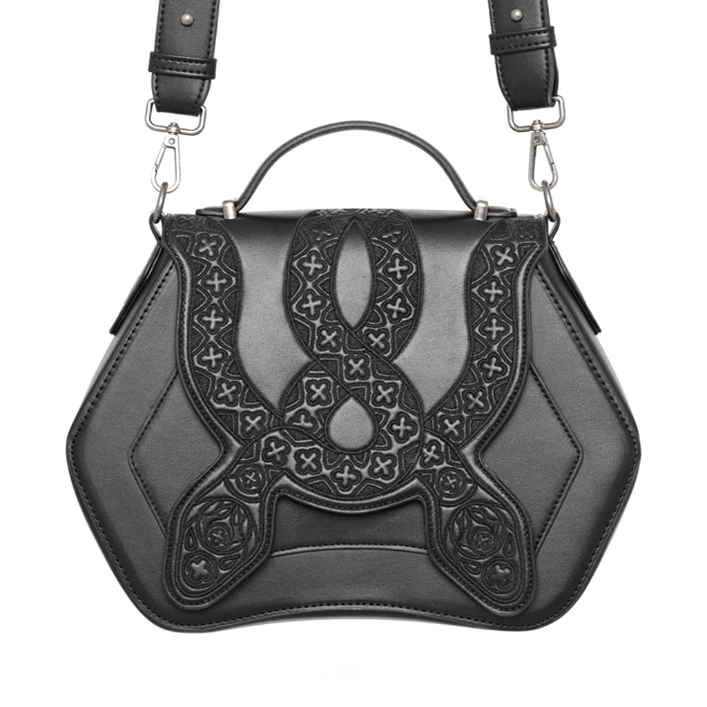 Bolso bandolera rígido con detalle de serpientes bordadas en la parte frontal color negro vista frontal