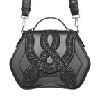  Rigid black crossbody bag with embroidered snakes detail - front view