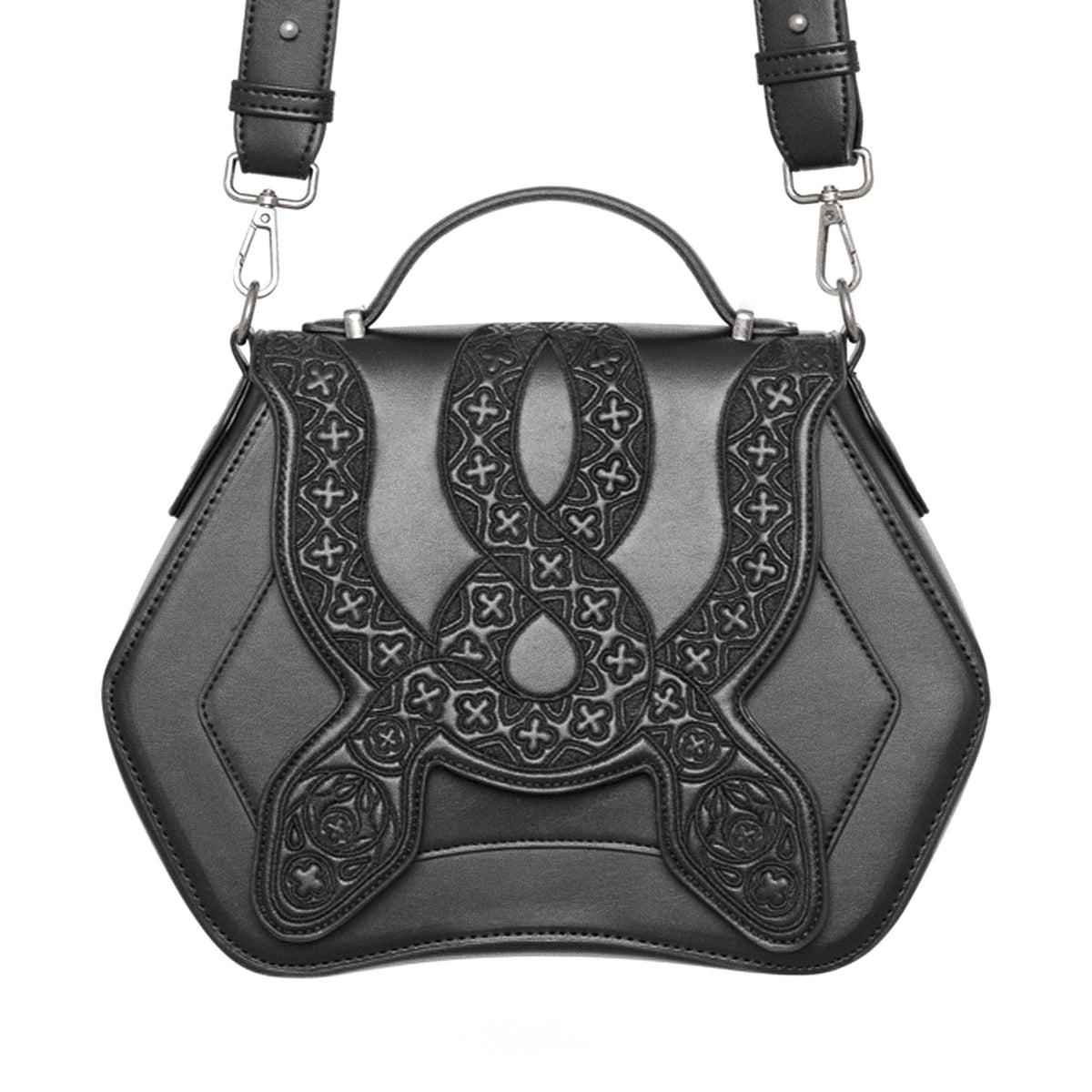  Rigid black crossbody bag with embroidered snakes detail - front view