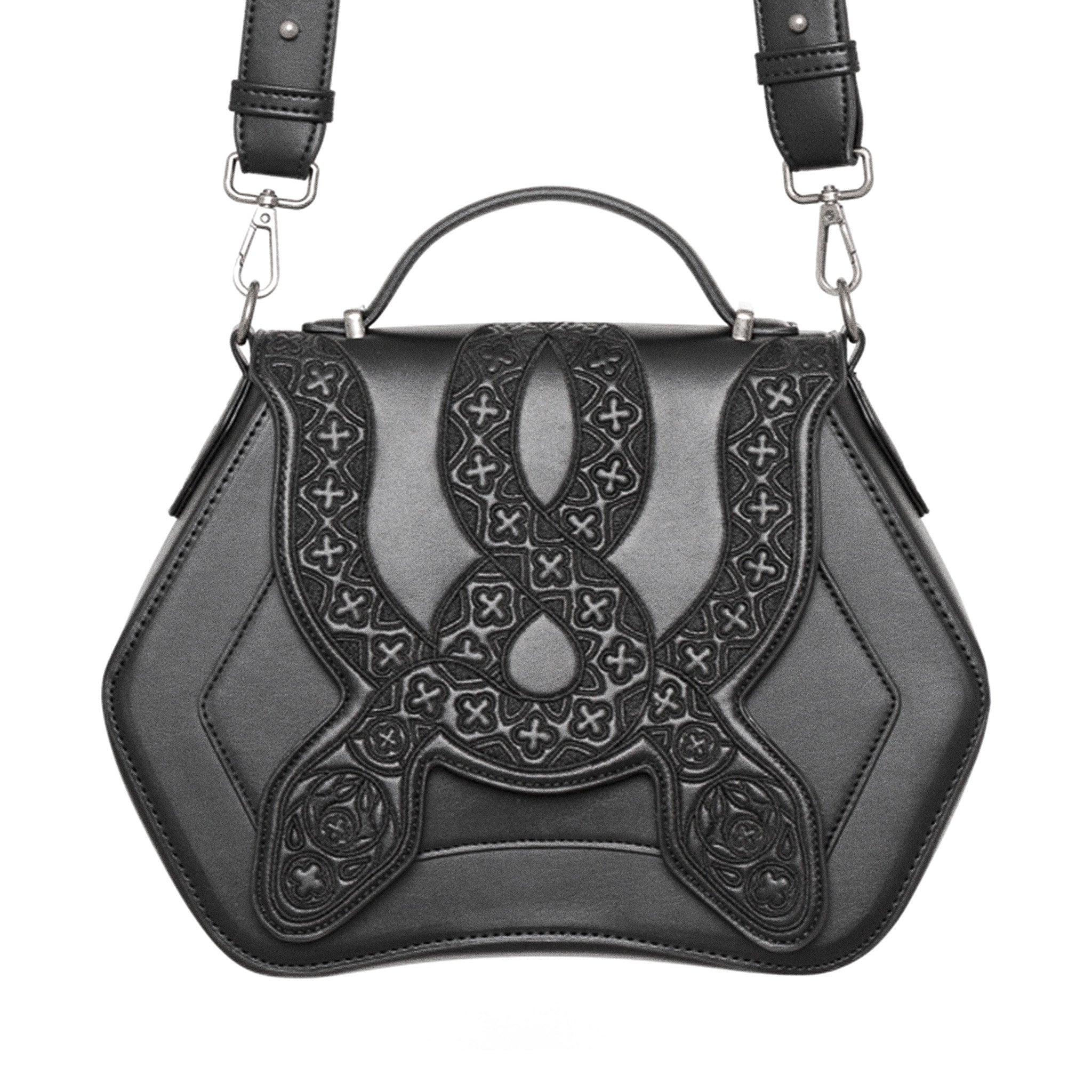 Bolso bandolera rígido con detalle de serpientes bordadas en la parte frontal color negro vista frontal