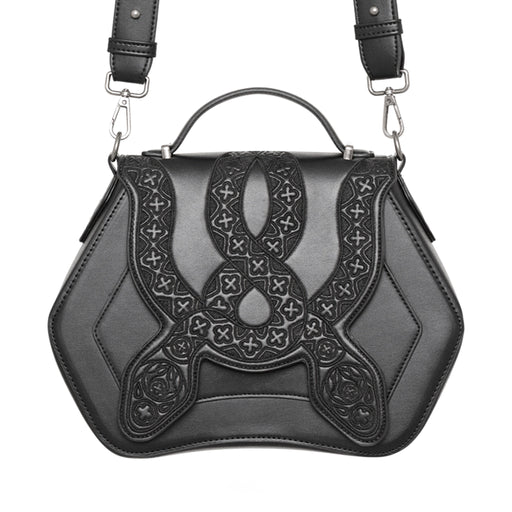 Bolso bandolera rígido con detalle de serpientes bordadas en la parte frontal color negro vista frontal