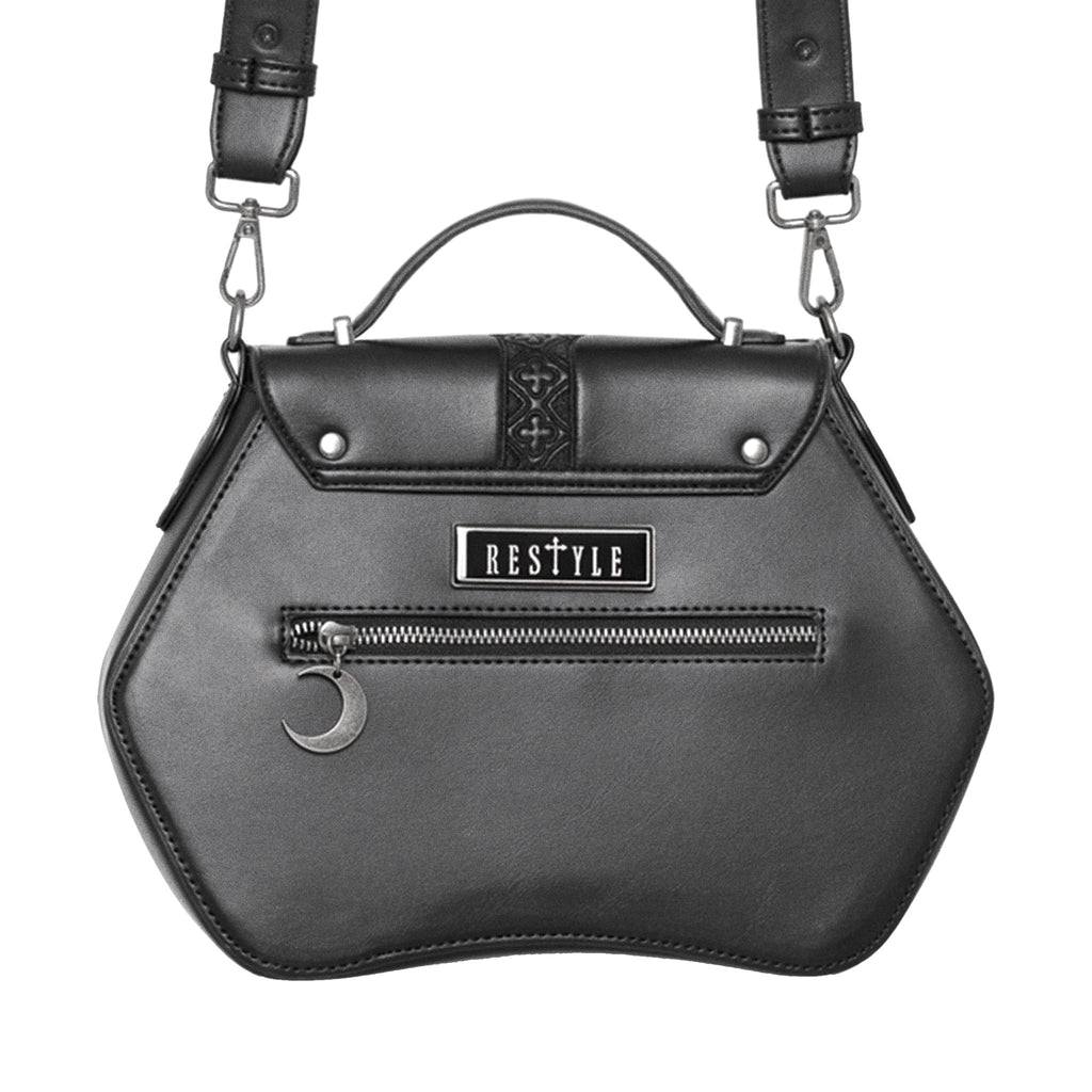 Bolso bandolera rígido con detalle de serpientes bordadas en la parte frontal color negro vista posterior