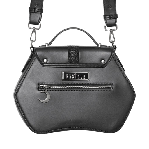 Bolso bandolera rígido con detalle de serpientes bordadas en la parte frontal color negro vista posterior