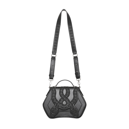 Bolso bandolera rígido con detalle de serpientes bordadas en la parte frontal color negro vista general con correa