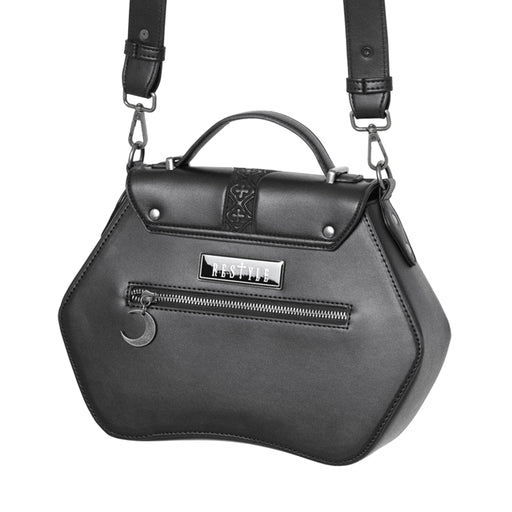 Bolso bandolera rígido con detalle de serpientes bordadas en la parte frontal color negro vista ángulo posterior