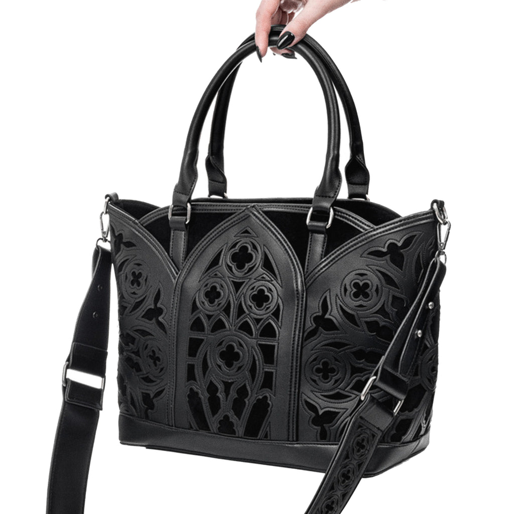  Restyle Catacombs black shopper bag with gothic architecture design - angle view