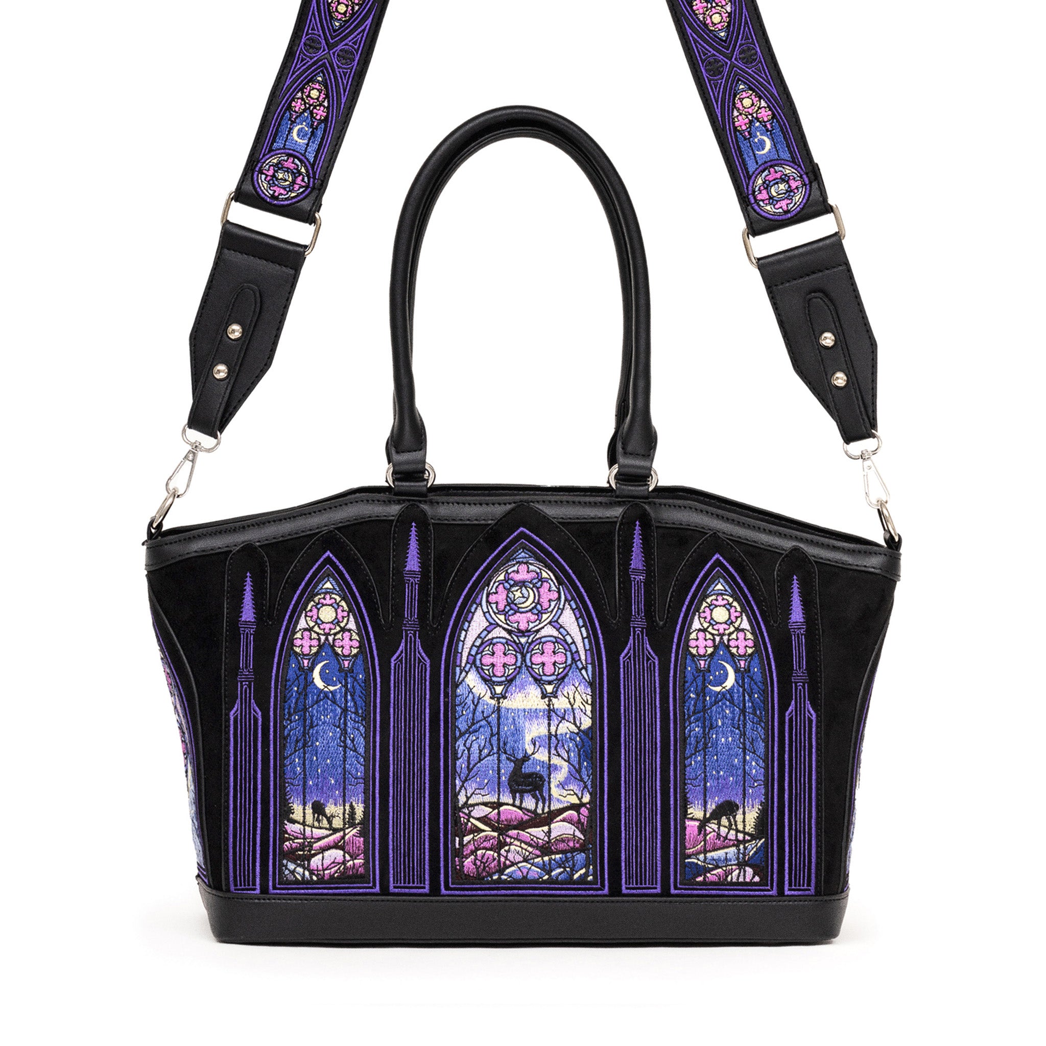 Bolso shopper rígido con diseño bordado de auroras boreales en tonos fríos con correa para bandolera modelo Northern Lights de Restyle vista frontal con correa