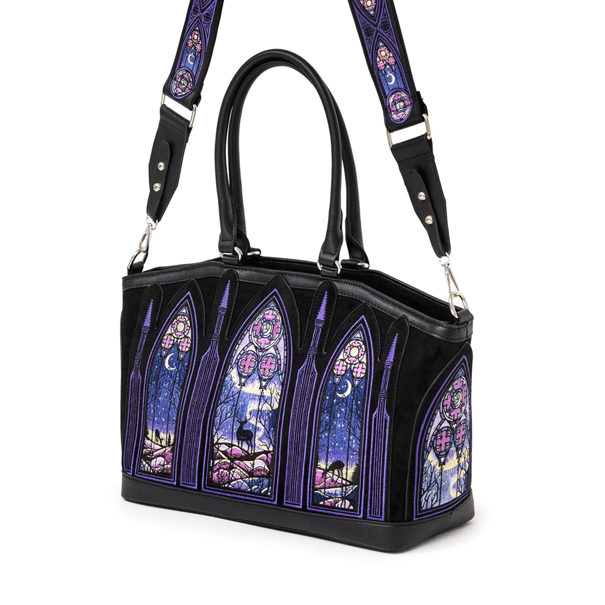 Bolso shopper rígido con diseño bordado de auroras boreales en tonos fríos con correa para bandolera modelo Northern Lights de Restyle vista ángulo lateral