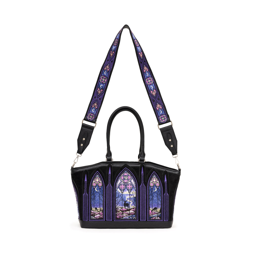 Bolso shopper rígido con diseño bordado de auroras boreales en tonos fríos con correa para bandolera modelo Northern Lights de Restyle vista frontal completa