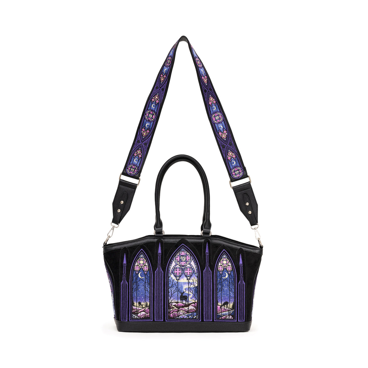 Bolso shopper rígido con diseño bordado de auroras boreales en tonos fríos con correa para bandolera modelo Northern Lights de Restyle vista frontal completa